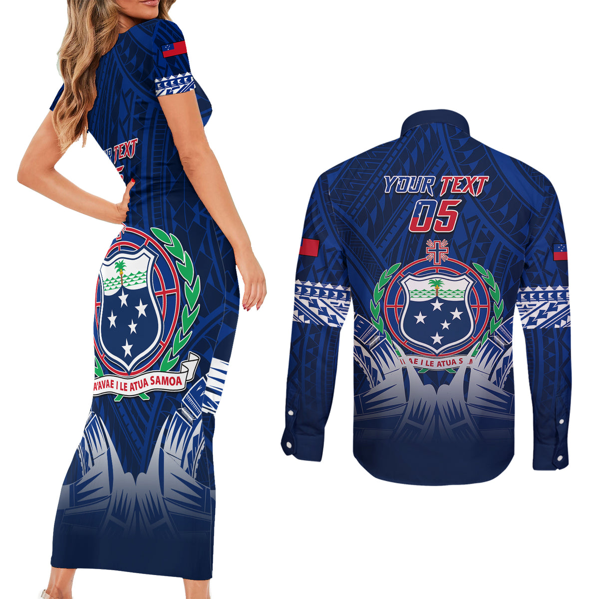 Custom Samoa Rugby Couples Matching Short Sleeve Bodycon Dress and Long Sleeve Button Shirts World Cup 2023 Coat Of Arms With Polynesian Pattern LT05 - Polynesian Pride