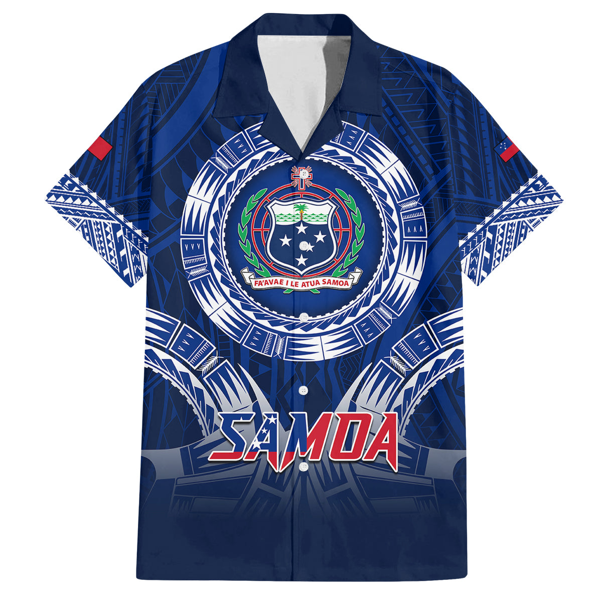 Custom Samoa Rugby Family Matching Off Shoulder Long Sleeve Dress and Hawaiian Shirt World Cup 2023 Coat Of Arms With Polynesian Pattern LT05 Dad's Shirt - Short Sleeve Blue - Polynesian Pride
