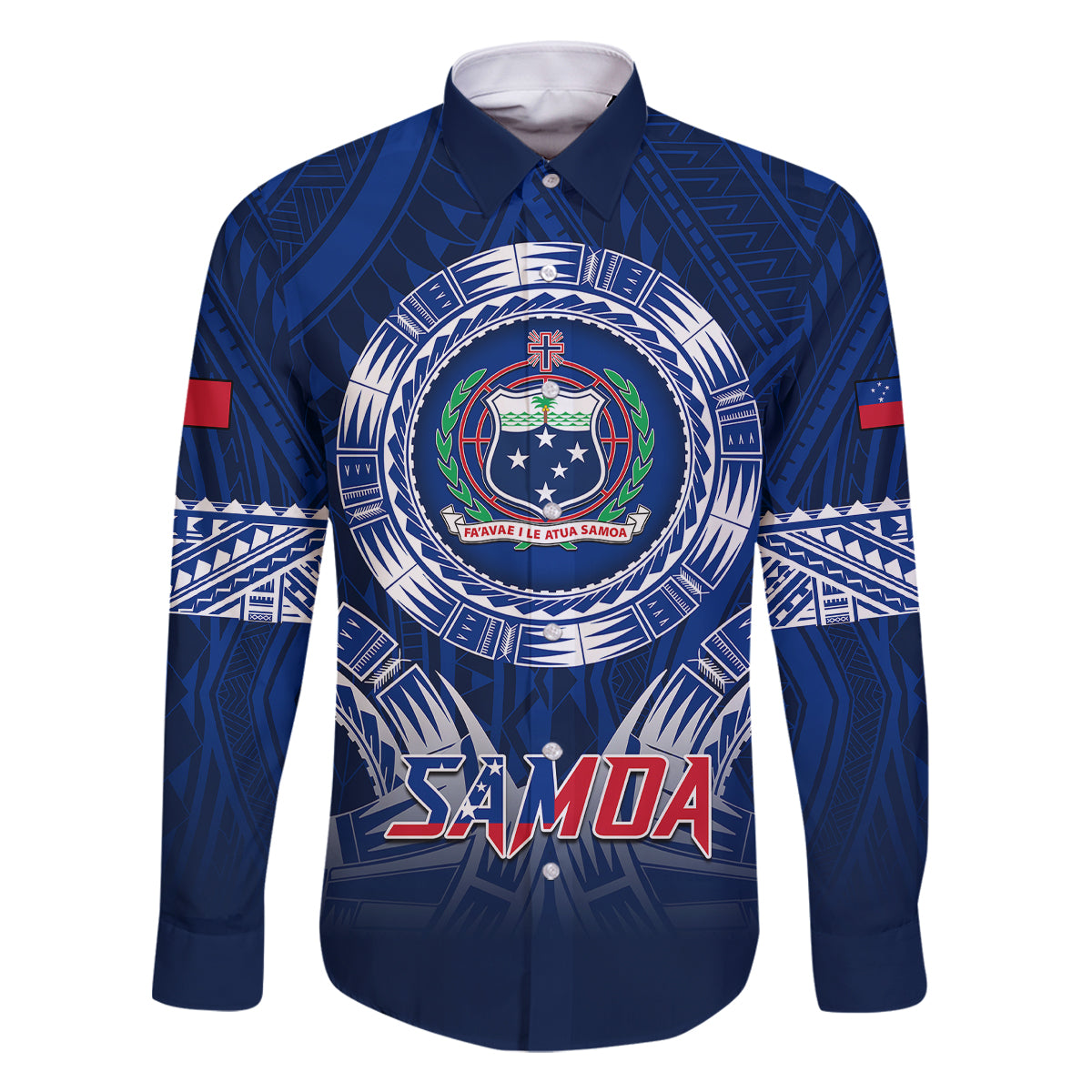 Custom Samoa Rugby Family Matching Puletasi Dress and Hawaiian Shirt World Cup 2023 Coat Of Arms With Polynesian Pattern LT05 Dad's Shirt - Long Sleeve Blue - Polynesian Pride