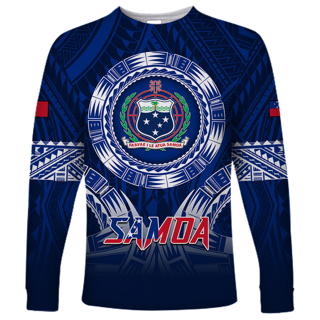 Custom Samoa Rugby Long Sleeve Shirt World Cup 2023 Coat Of Arms With Polynesian Pattern LT05 Unisex Blue - Polynesian Pride