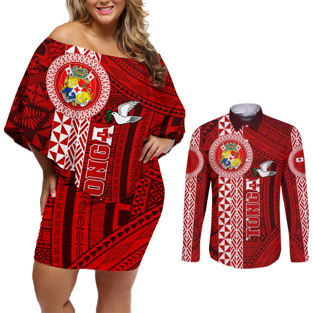 Tonga Rugby Couples Matching Off Shoulder Short Dress and Long Sleeve Button Shirts World Cup 2023 Coat Of Arms Ngatu Pattern LT05 Red - Polynesian Pride