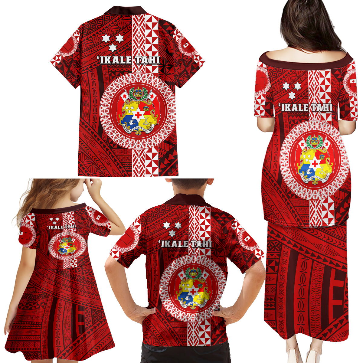 Tonga Rugby Family Matching Puletasi Dress and Hawaiian Shirt World Cup 2023 Coat Of Arms Ngatu Pattern LT05 - Polynesian Pride