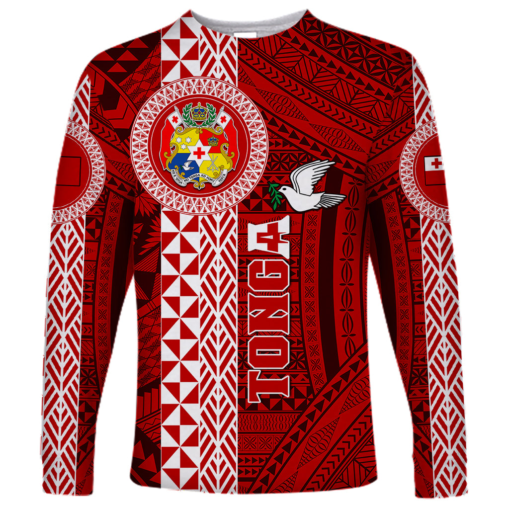 Tonga Rugby Long Sleeve Shirt World Cup 2023 Coat Of Arms Ngatu Pattern LT05 Unisex Red - Polynesian Pride