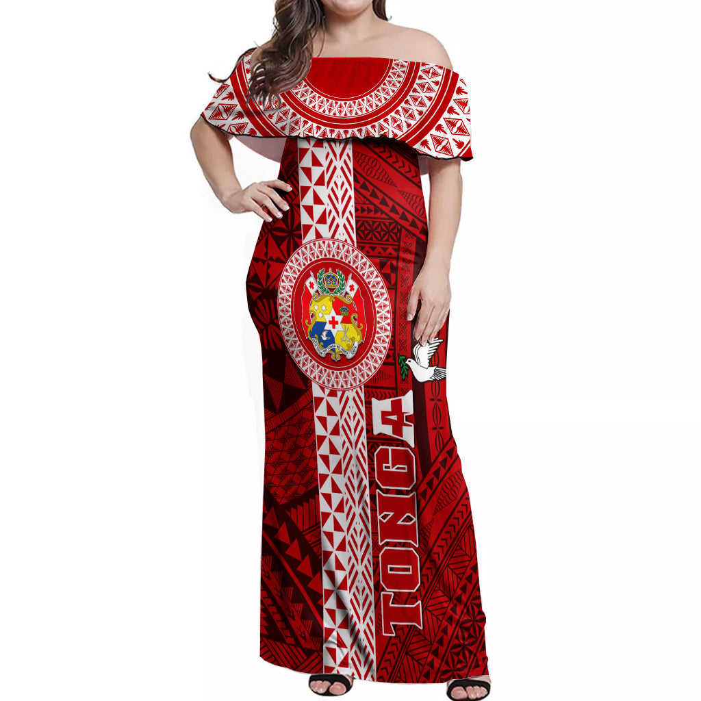 Tonga Rugby Off Shoulder Maxi Dress World Cup 2023 Coat Of Arms Ngatu Pattern LT05 Women Red - Polynesian Pride