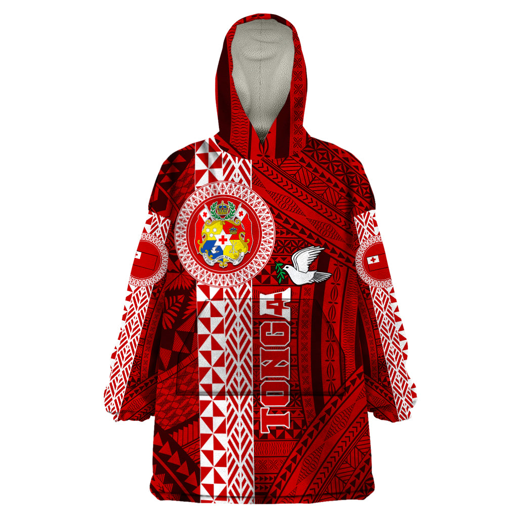 Tonga Rugby Wearable Blanket Hoodie World Cup 2023 Coat Of Arms Ngatu Pattern LT05 One Size Red - Polynesian Pride