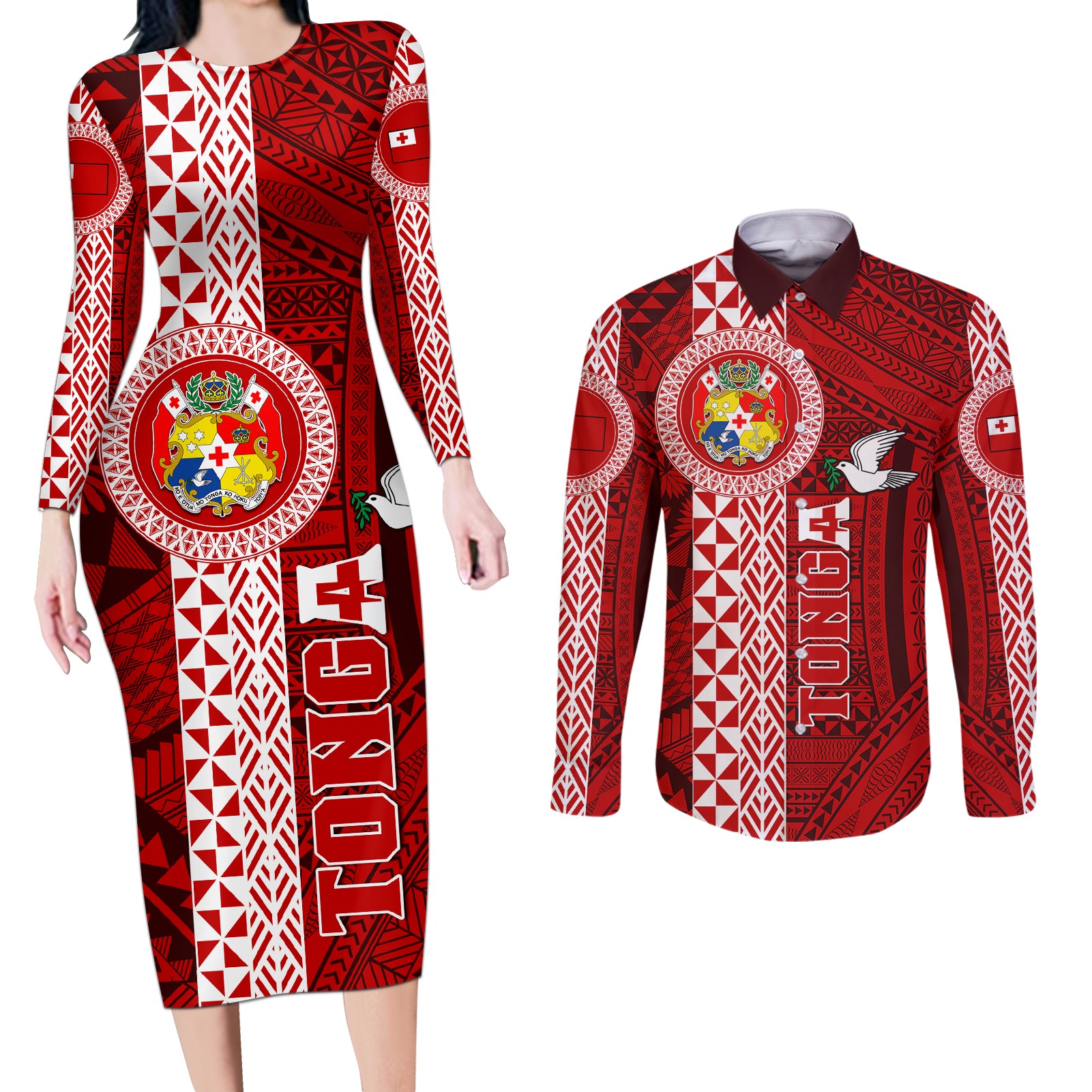 Custom Tonga Rugby Couples Matching Long Sleeve Bodycon Dress and Long Sleeve Button Shirts World Cup 2023 Coat Of Arms Ngatu Pattern LT05 Red - Polynesian Pride