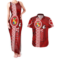 Custom Tonga Rugby Couples Matching Tank Maxi Dress and Hawaiian Shirt World Cup 2023 Coat Of Arms Ngatu Pattern LT05 Red - Polynesian Pride