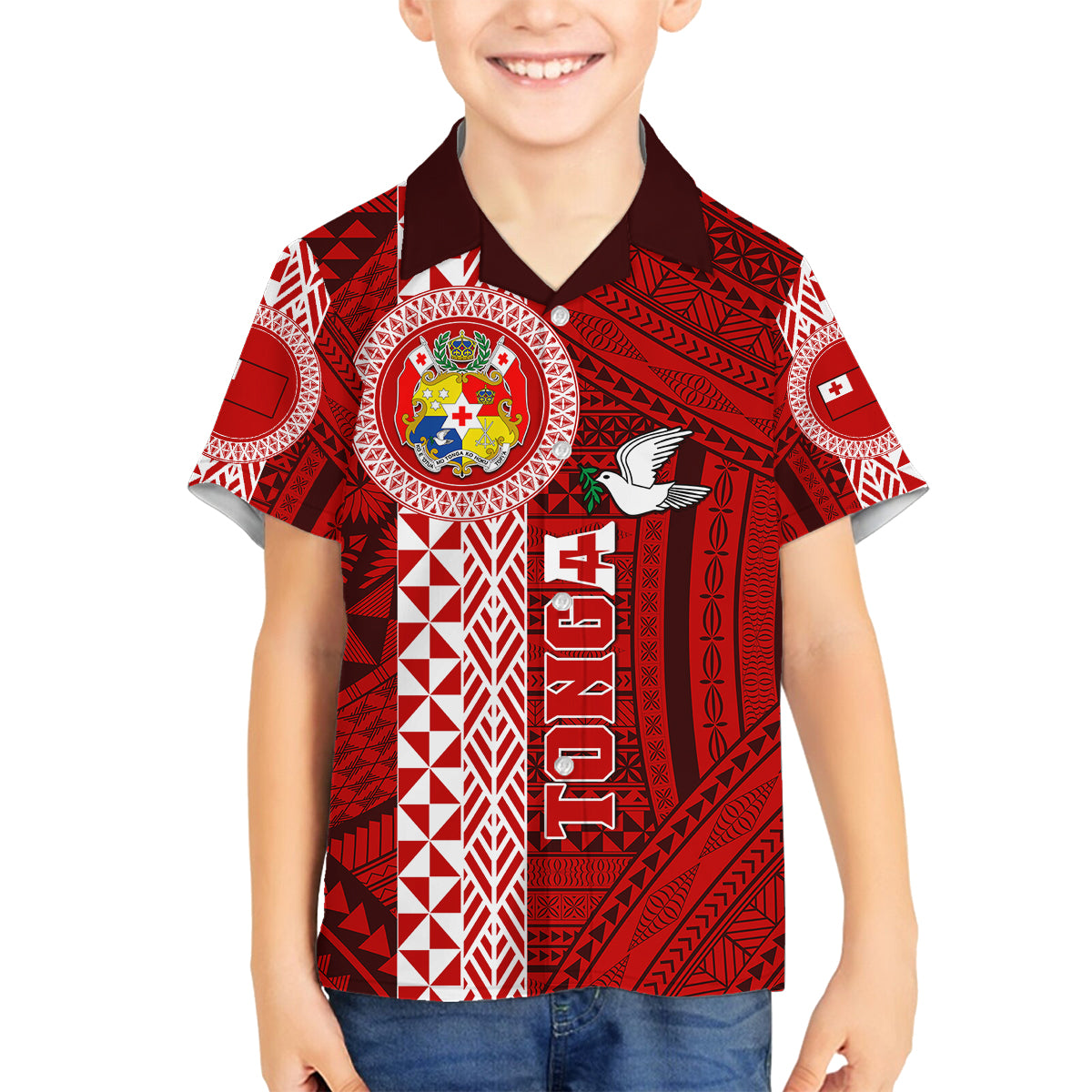Custom Tonga Rugby Family Matching Off Shoulder Short Dress and Hawaiian Shirt World Cup 2023 Coat Of Arms Ngatu Pattern LT05 Son's Shirt Red - Polynesian Pride