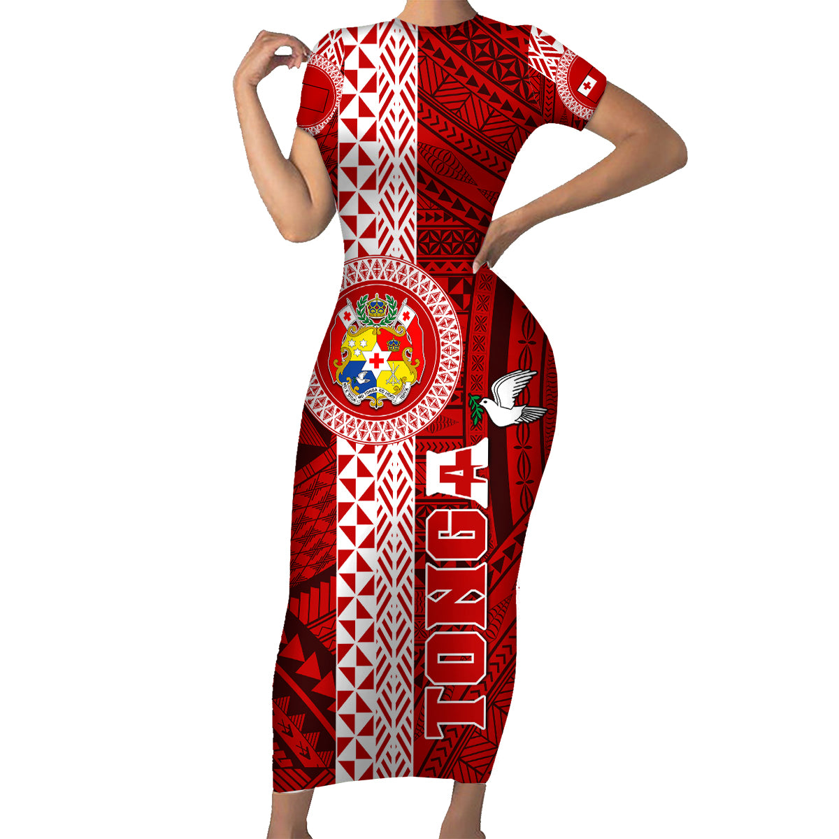 Custom Tonga Rugby Family Matching Short Sleeve Bodycon Dress and Hawaiian Shirt World Cup 2023 Coat Of Arms Ngatu Pattern LT05 Mom's Dress Red - Polynesian Pride