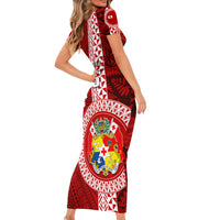Custom Tonga Rugby Family Matching Short Sleeve Bodycon Dress and Hawaiian Shirt World Cup 2023 Coat Of Arms Ngatu Pattern LT05 - Polynesian Pride