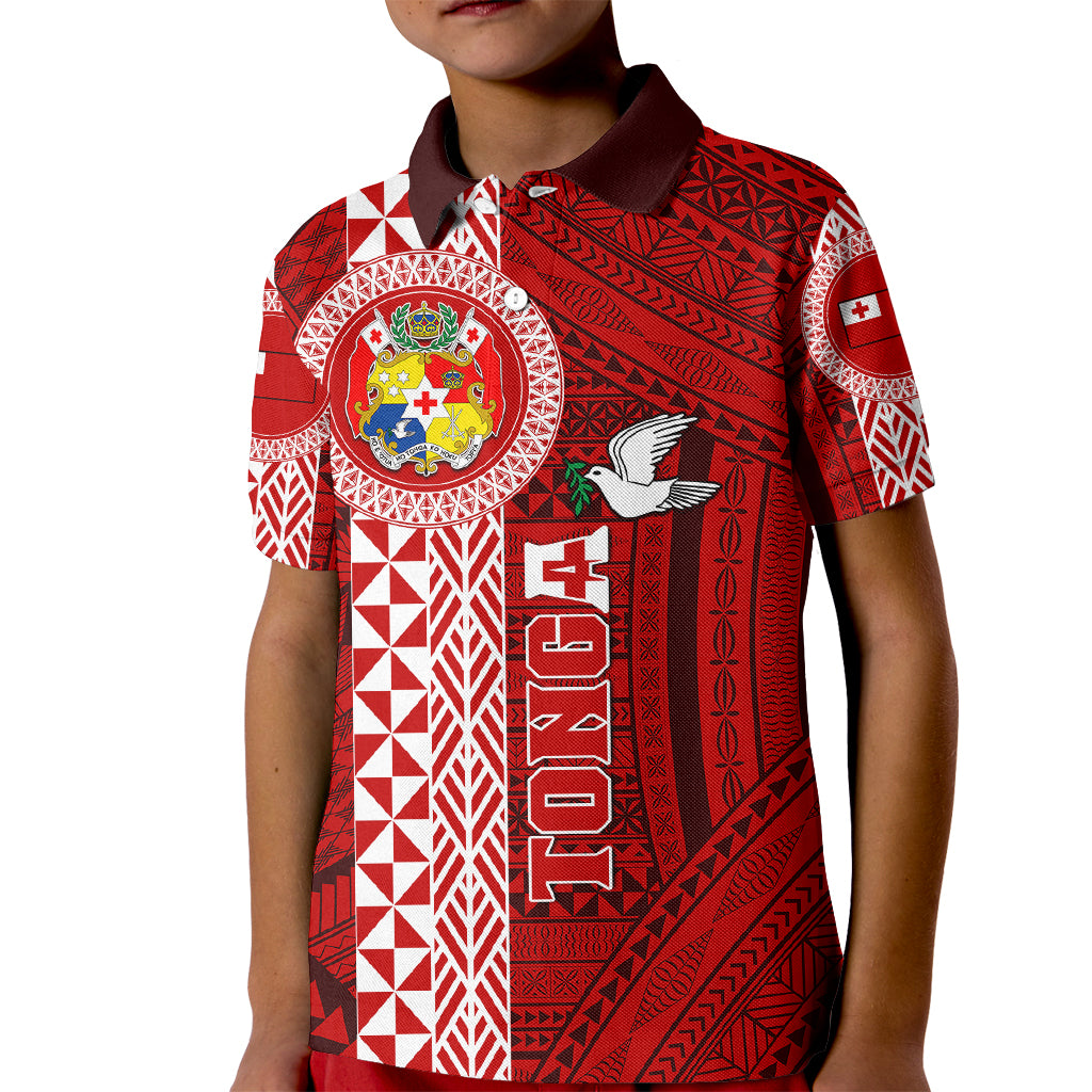 Custom Tonga Rugby Kid Polo Shirt World Cup 2023 Coat Of Arms Ngatu Pattern LT05 Kid Red - Polynesian Pride