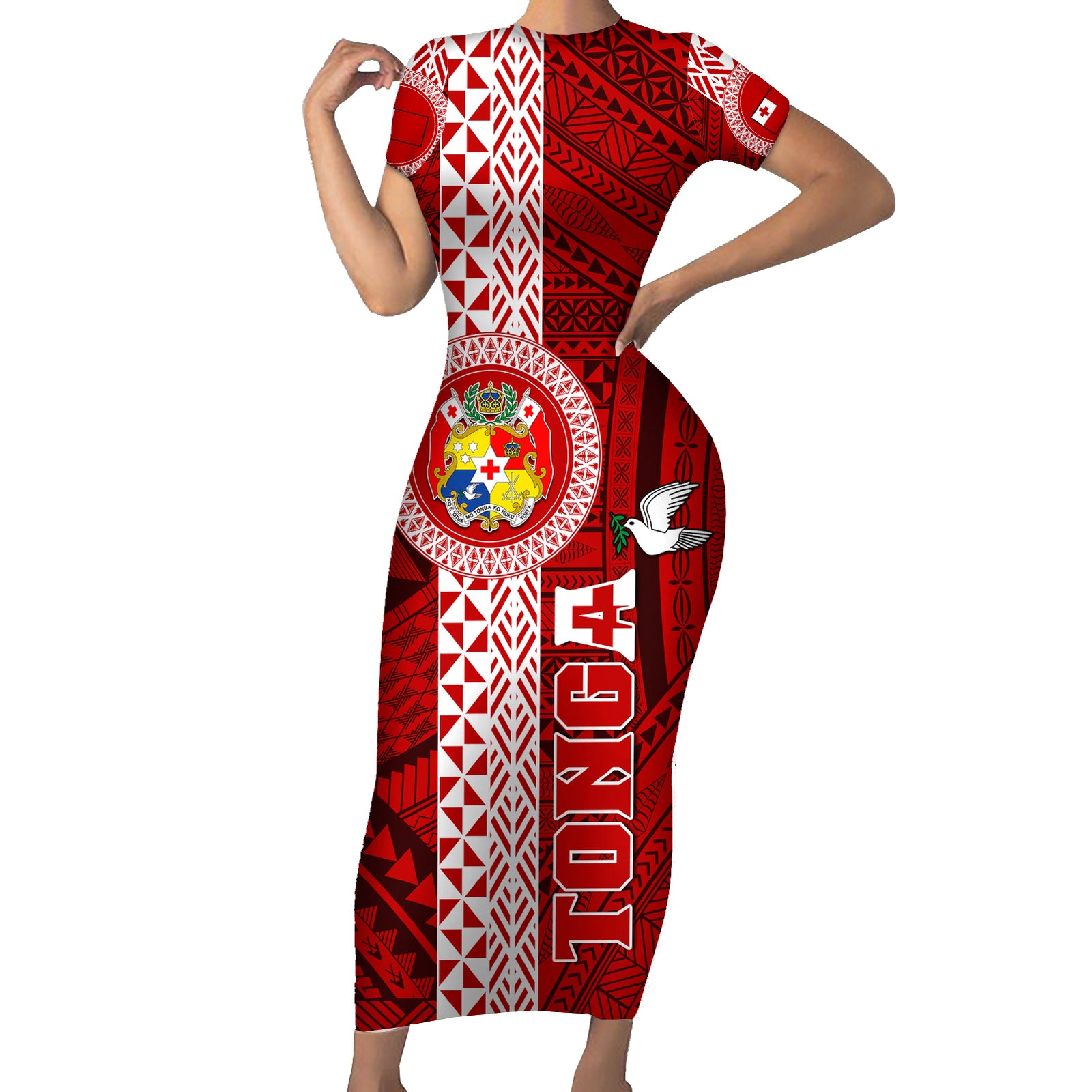 Custom Tonga Rugby Short Sleeve Bodycon Dress World Cup 2023 Coat Of Arms Ngatu Pattern LT05 Long Dress Red - Polynesian Pride