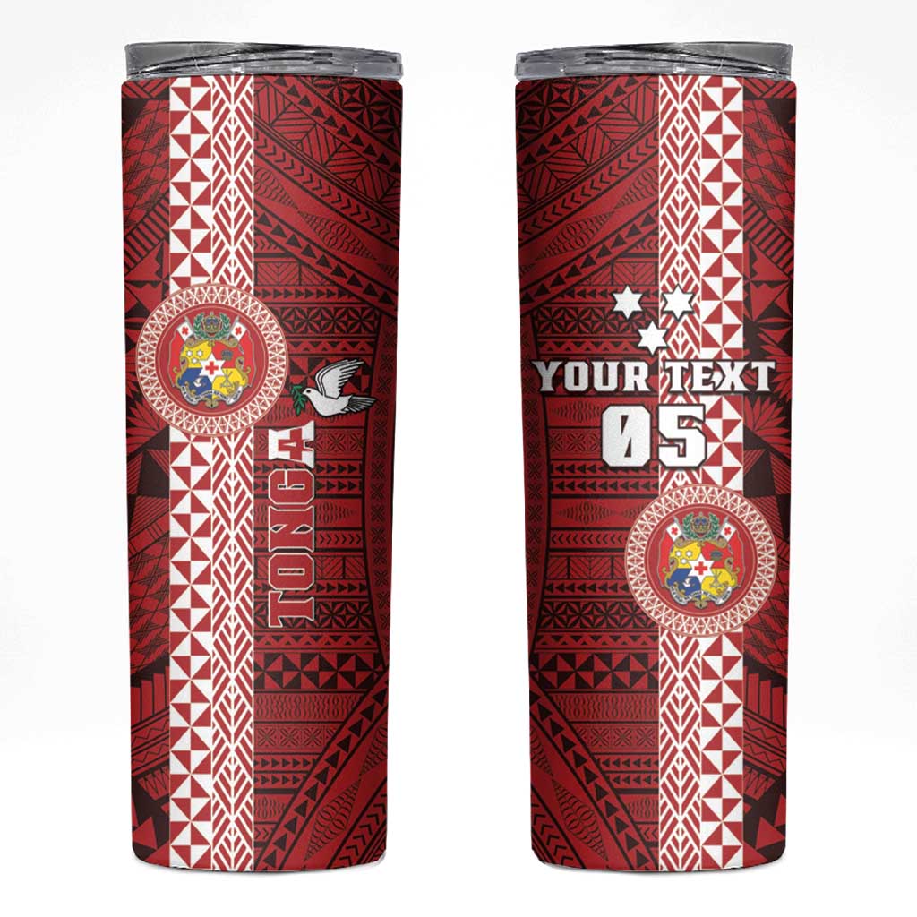 Custom Tonga Rugby Skinny Tumbler World Cup 2023 Coat Of Arms Ngatu Pattern