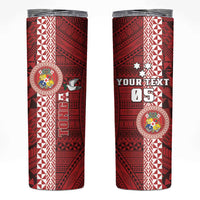 Custom Tonga Rugby Skinny Tumbler World Cup 2023 Coat Of Arms Ngatu Pattern