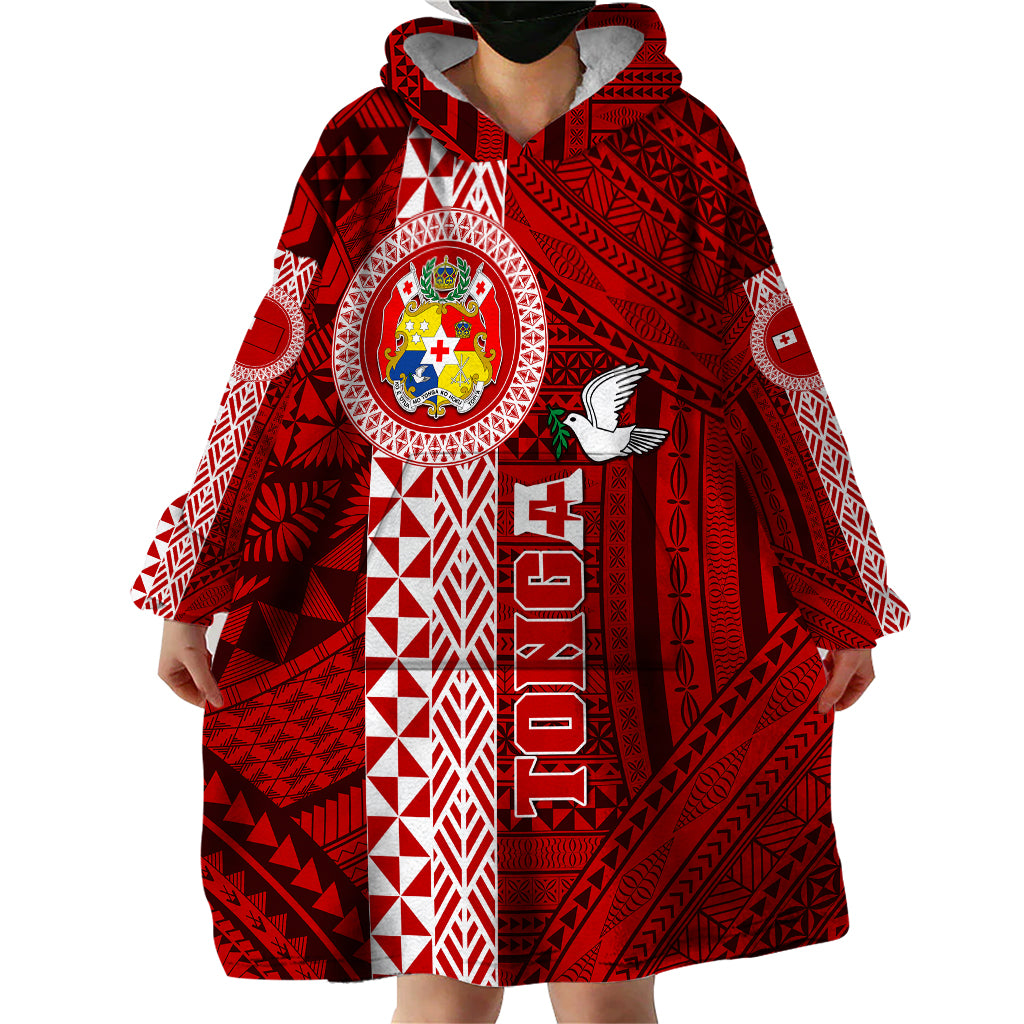 Custom Tonga Rugby Wearable Blanket Hoodie World Cup 2023 Coat Of Arms Ngatu Pattern LT05 - Polynesian Pride