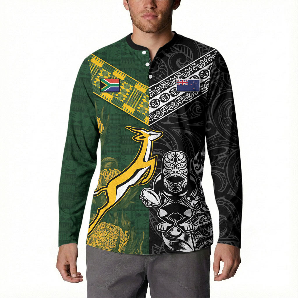 Rugby New Zealand South Africa Button Sweatshirt Maori Tiki Springboks Together