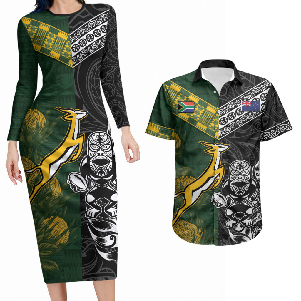 Rugby New Zealand South Africa Couples Matching Long Sleeve Bodycon Dress and Hawaiian Shirt Maori Tiki Springboks Together