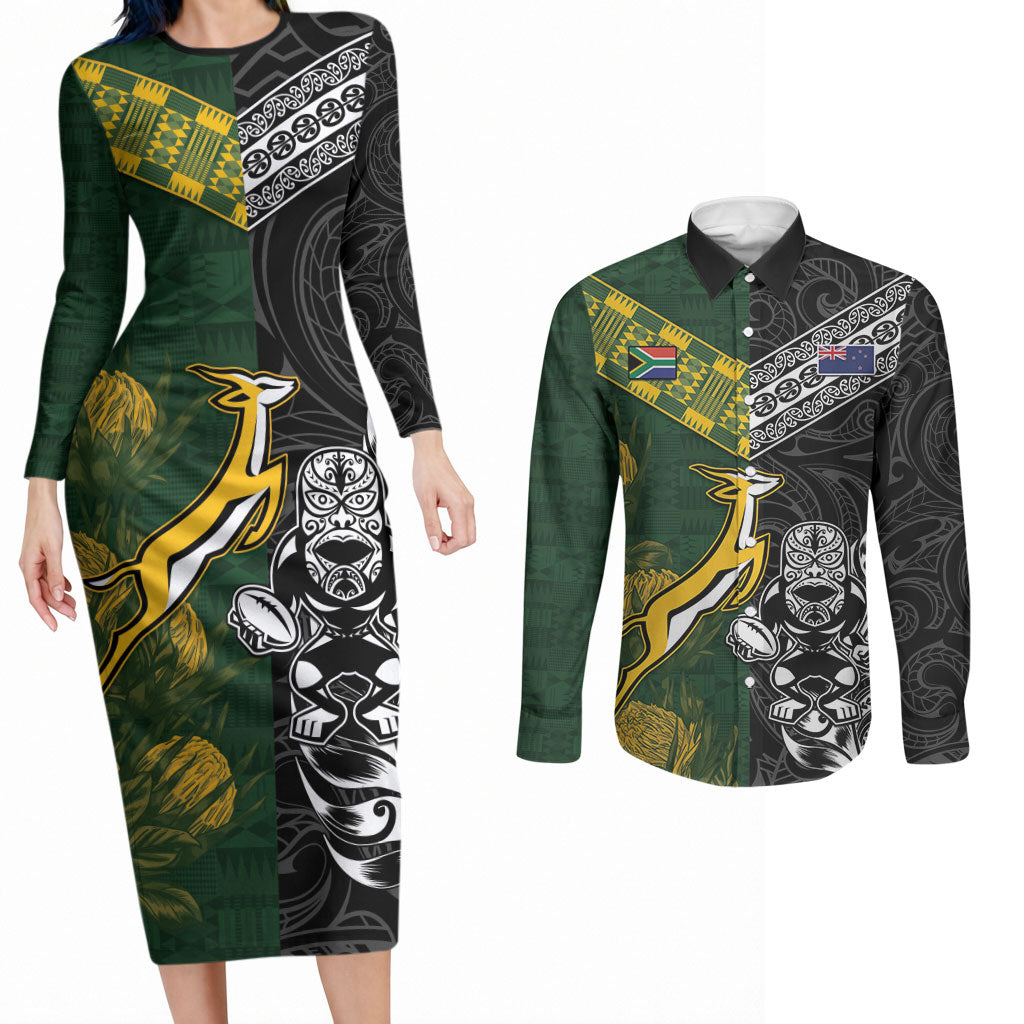 Rugby New Zealand South Africa Couples Matching Long Sleeve Bodycon Dress and Long Sleeve Button Shirt Maori Tiki Springboks Together