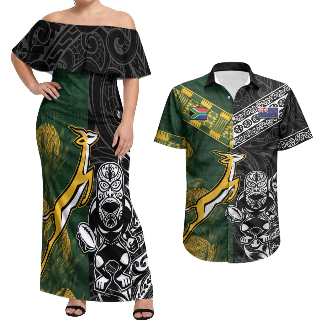 Rugby New Zealand South Africa Couples Matching Off Shoulder Maxi Dress and Hawaiian Shirt Maori Tiki Springboks Together