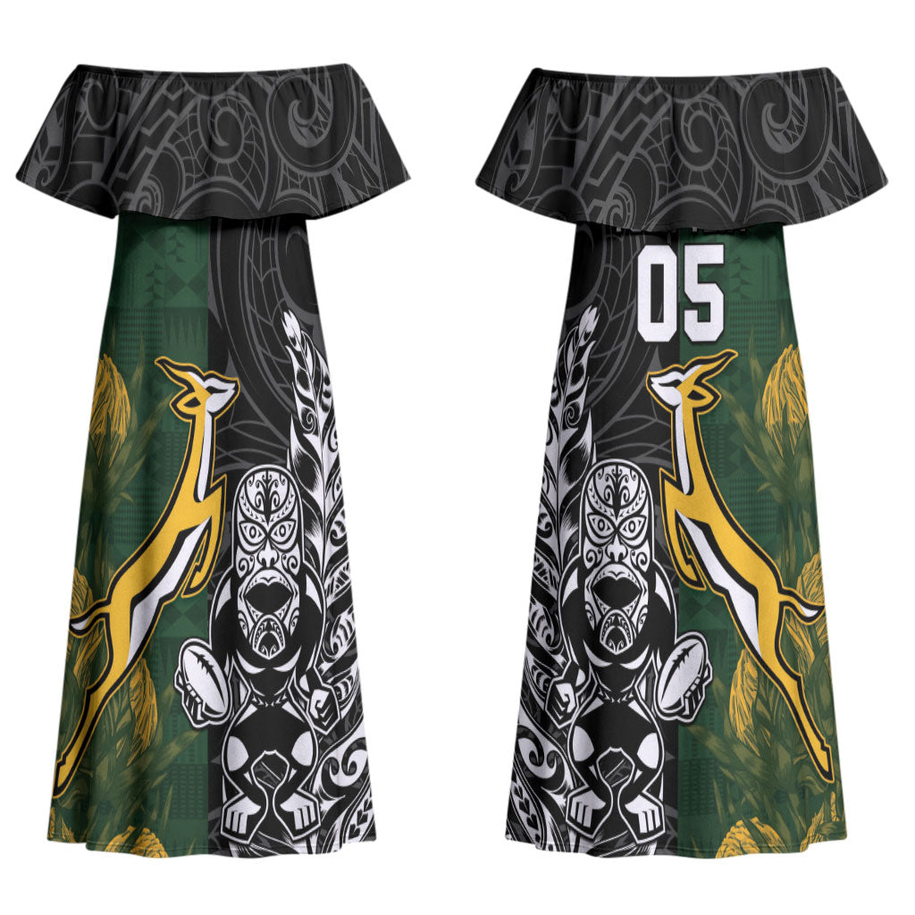 Rugby New Zealand South Africa Couples Matching Off Shoulder Maxi Dress and Hawaiian Shirt Maori Tiki Springboks Together