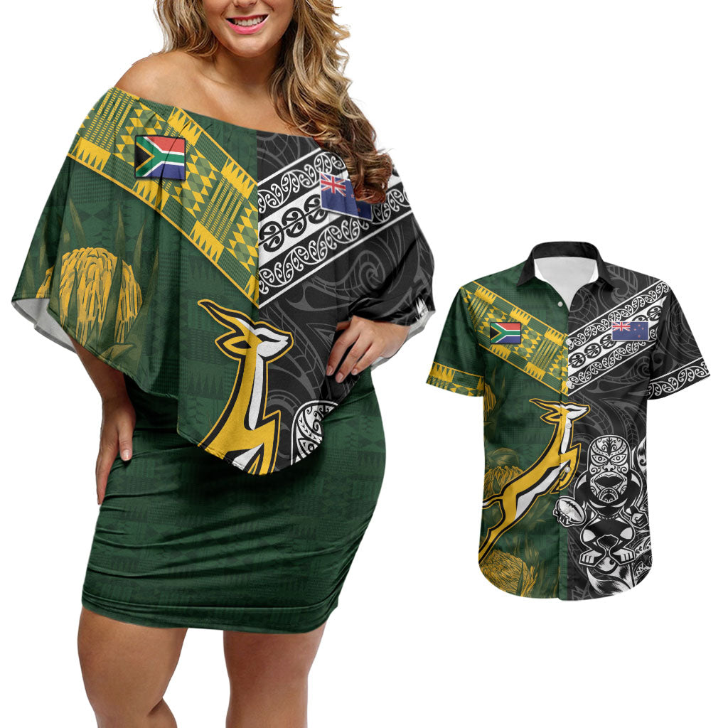 Rugby New Zealand South Africa Couples Matching Off Shoulder Short Dress and Hawaiian Shirt Maori Tiki Springboks Together