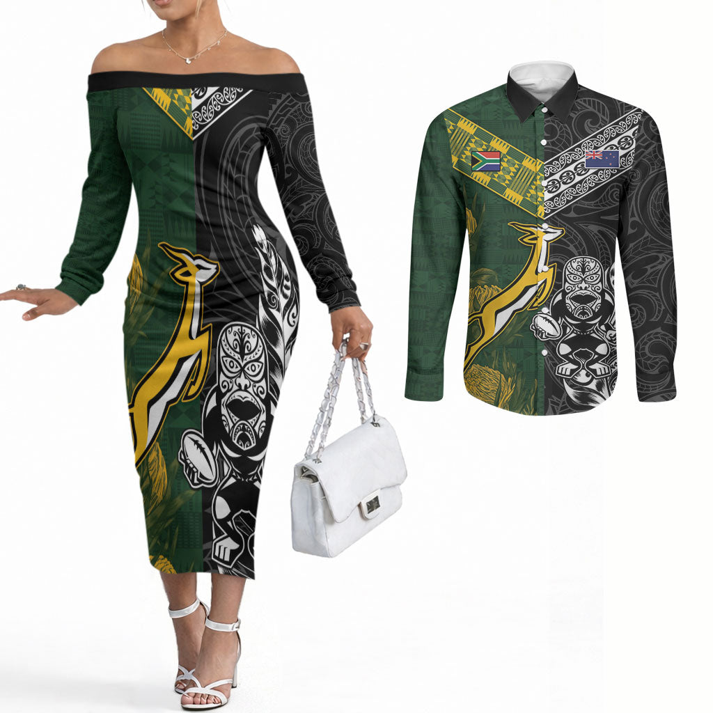 Rugby New Zealand South Africa Couples Matching Off The Shoulder Long Sleeve Dress and Long Sleeve Button Shirt Maori Tiki Springboks Together