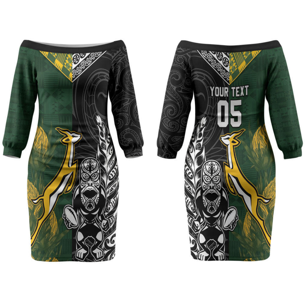 Rugby New Zealand South Africa Couples Matching Off The Shoulder Long Sleeve Dress and Long Sleeve Button Shirt Maori Tiki Springboks Together