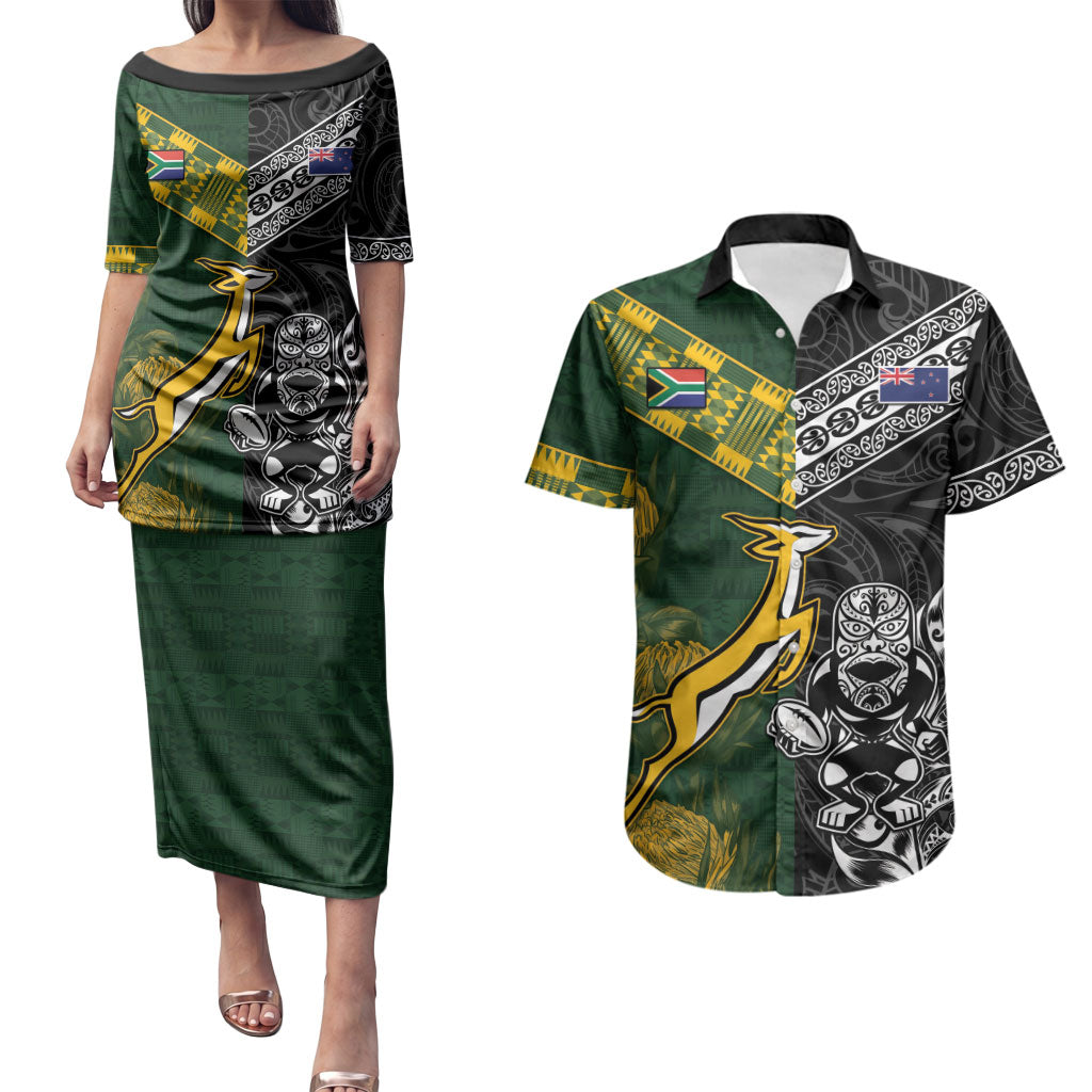 Rugby New Zealand South Africa Couples Matching Puletasi and Hawaiian Shirt Maori Tiki Springboks Together