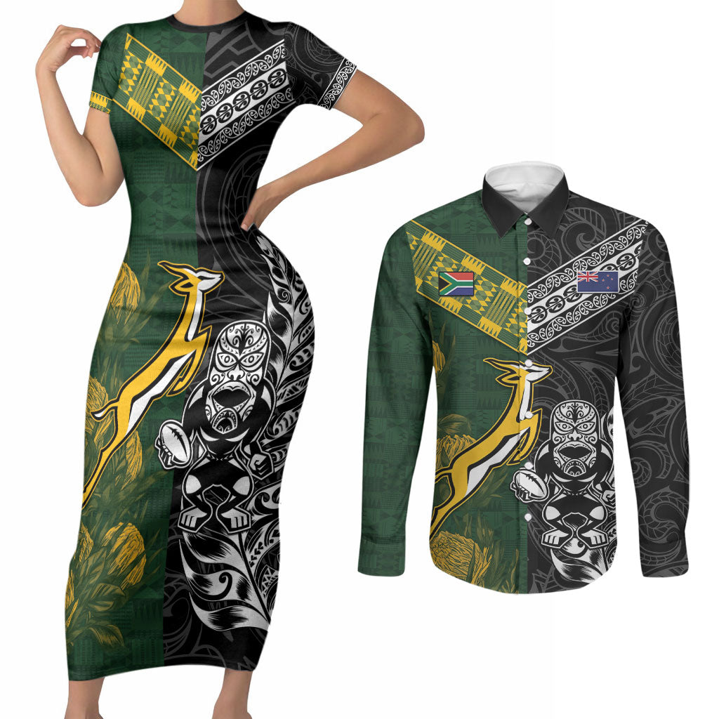 Rugby New Zealand South Africa Couples Matching Short Sleeve Bodycon Dress and Long Sleeve Button Shirt Maori Tiki Springboks Together