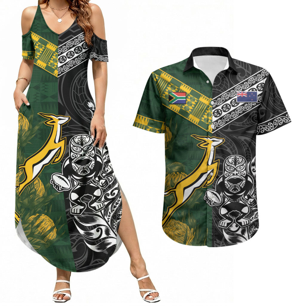 Rugby New Zealand South Africa Couples Matching Summer Maxi Dress and Hawaiian Shirt Maori Tiki Springboks Together