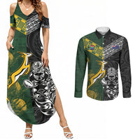 Rugby New Zealand South Africa Couples Matching Summer Maxi Dress and Long Sleeve Button Shirt Maori Tiki Springboks Together