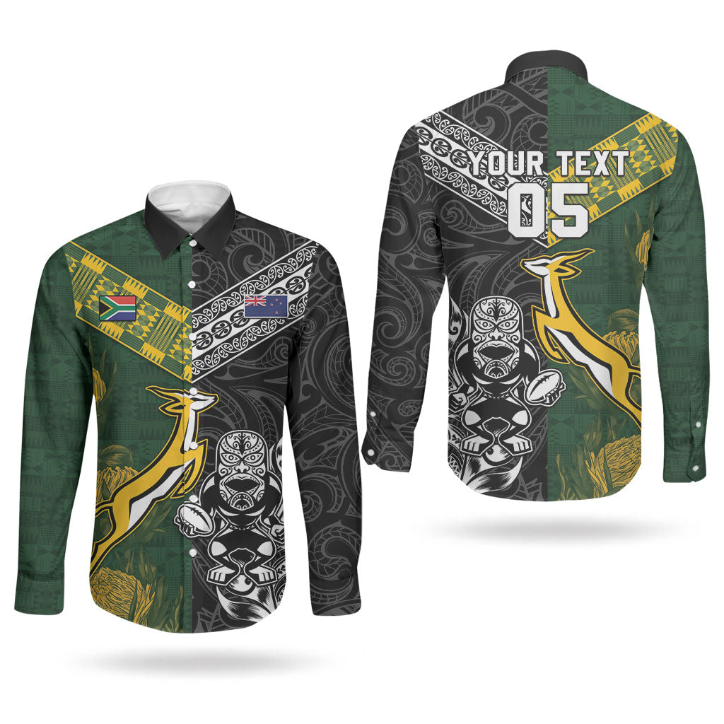 Rugby New Zealand South Africa Couples Matching Summer Maxi Dress and Long Sleeve Button Shirt Maori Tiki Springboks Together