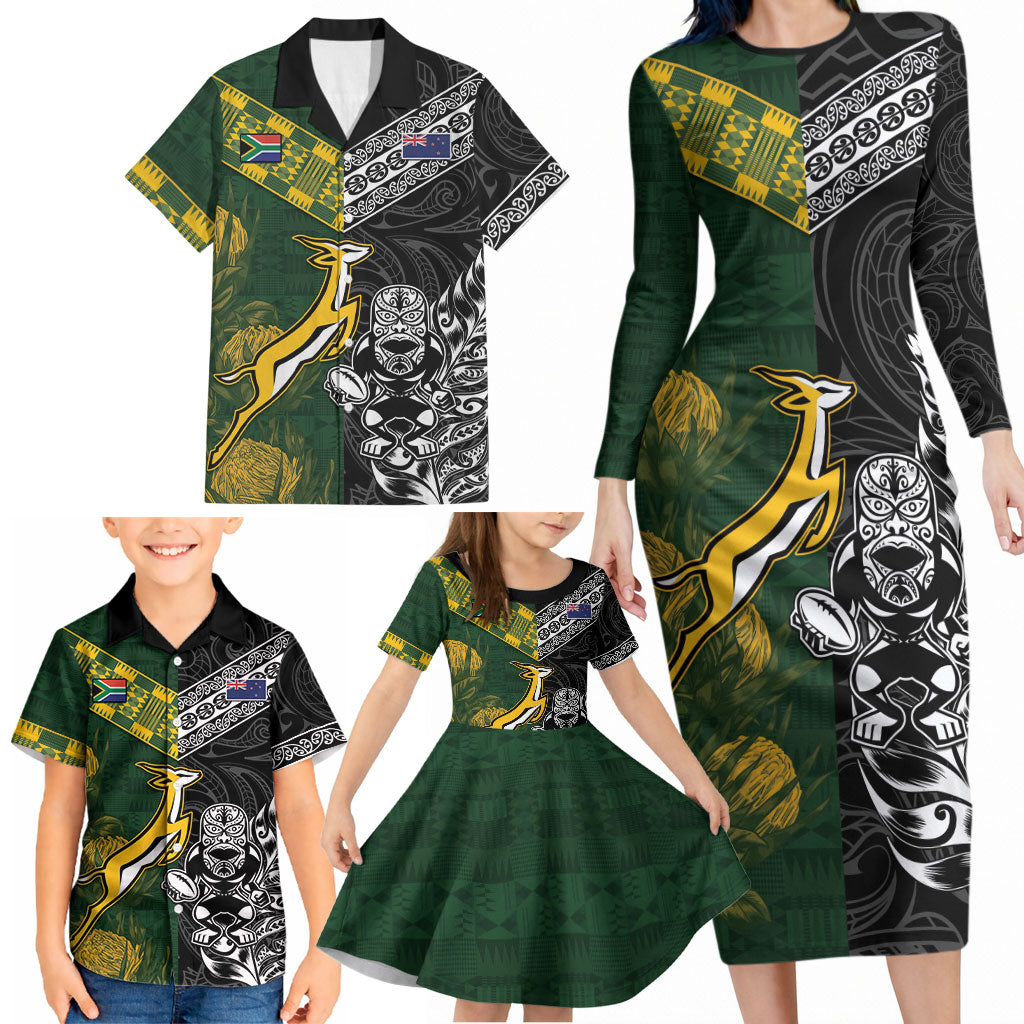 Rugby New Zealand South Africa Family Matching Long Sleeve Bodycon Dress and Hawaiian Shirt Maori Tiki Springboks Together