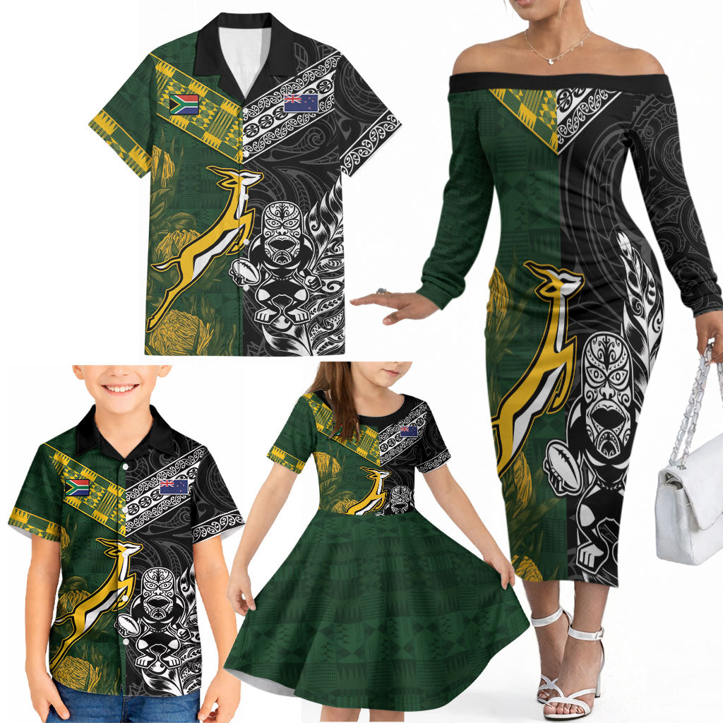 Rugby New Zealand South Africa Family Matching Off The Shoulder Long Sleeve Dress and Hawaiian Shirt Maori Tiki Springboks Together