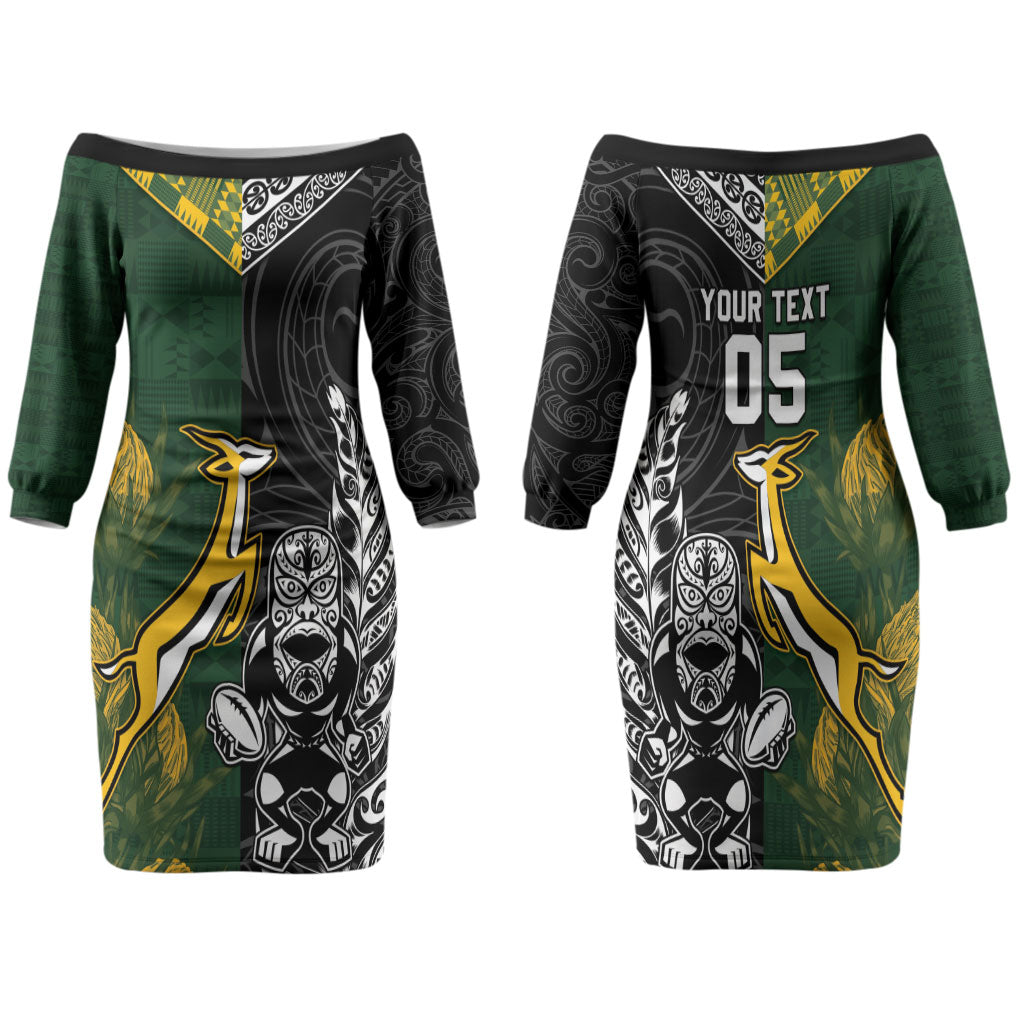 Rugby New Zealand South Africa Family Matching Off The Shoulder Long Sleeve Dress and Hawaiian Shirt Maori Tiki Springboks Together