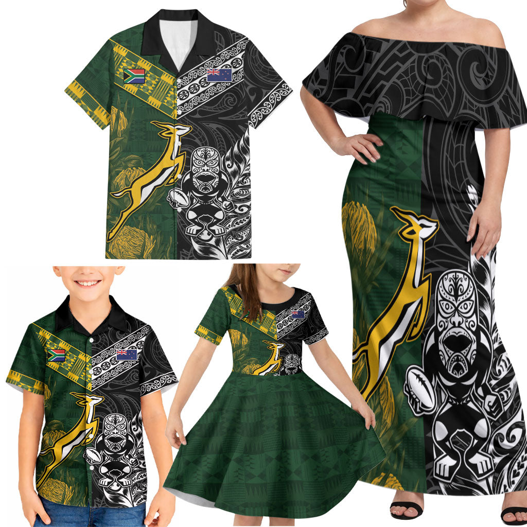 Rugby New Zealand South Africa Family Matching Off Shoulder Maxi Dress and Hawaiian Shirt Maori Tiki Springboks Together