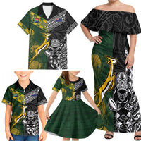 Rugby New Zealand South Africa Family Matching Off Shoulder Maxi Dress and Hawaiian Shirt Maori Tiki Springboks Together