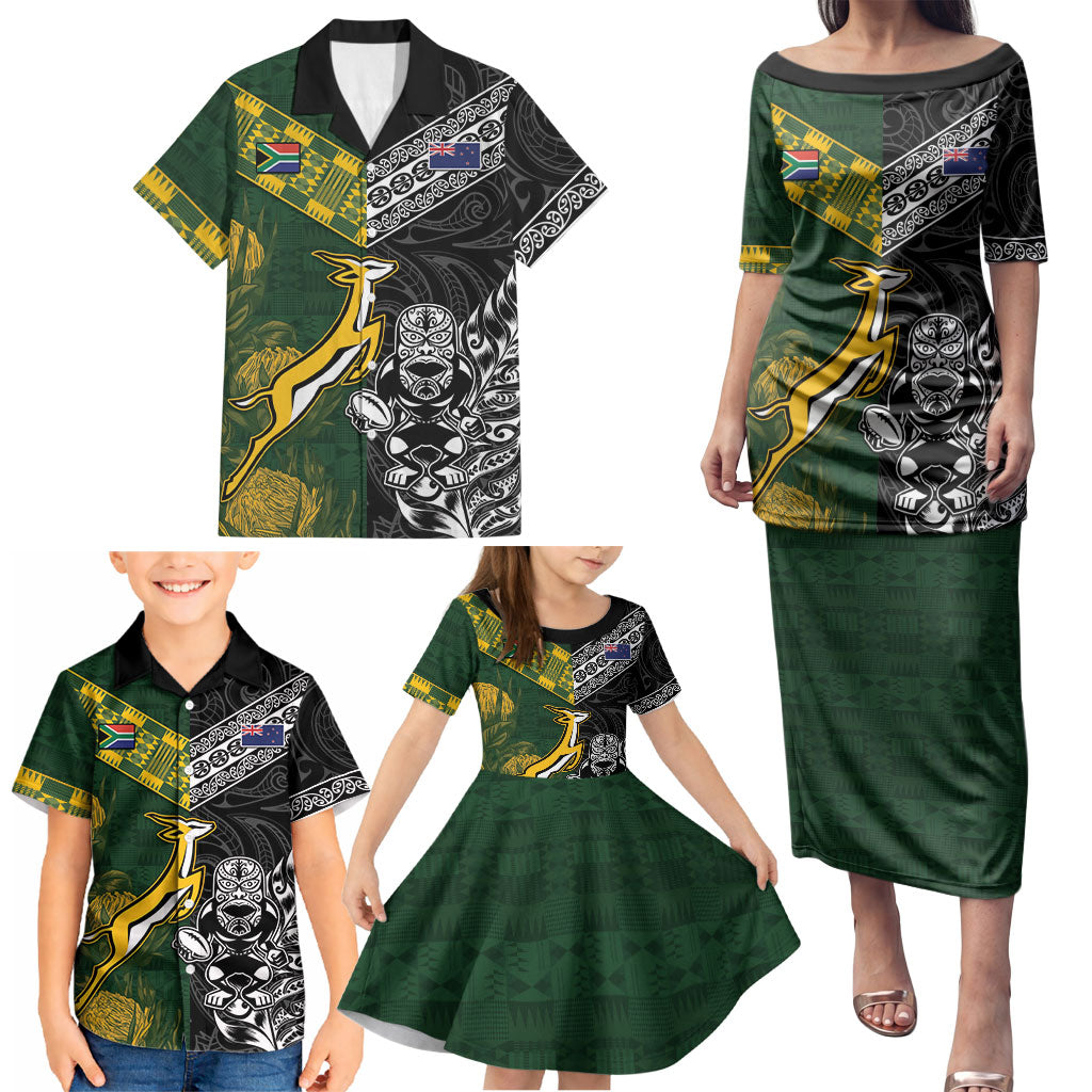 Rugby New Zealand South Africa Family Matching Puletasi and Hawaiian Shirt Maori Tiki Springboks Together