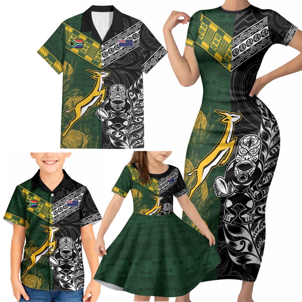 Rugby New Zealand South Africa Family Matching Short Sleeve Bodycon Dress and Hawaiian Shirt Maori Tiki Springboks Together