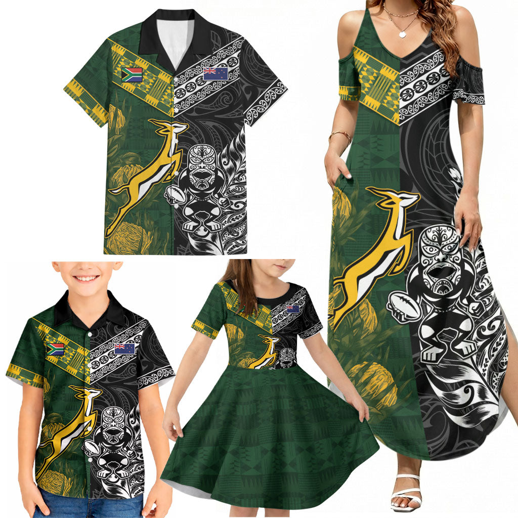 Rugby New Zealand South Africa Family Matching Summer Maxi Dress and Hawaiian Shirt Maori Tiki Springboks Together