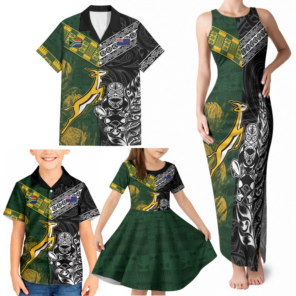 Rugby New Zealand South Africa Family Matching Tank Maxi Dress and Hawaiian Shirt Maori Tiki Springboks Together