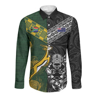 Rugby New Zealand South Africa Long Sleeve Button Shirt Maori Tiki Springboks Together