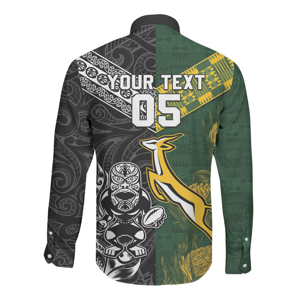 Rugby New Zealand South Africa Long Sleeve Button Shirt Maori Tiki Springboks Together