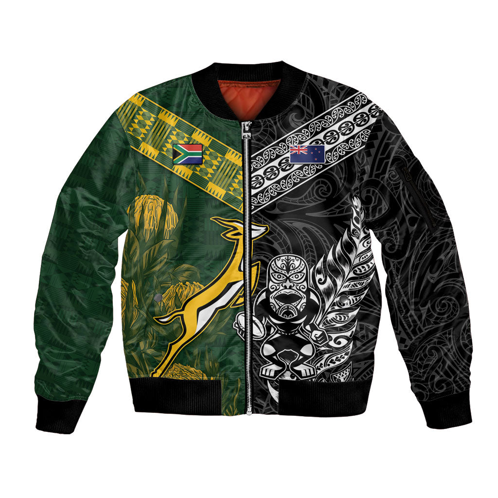 Rugby New Zealand South Africa Sleeve Zip Bomber Jacket Maori Tiki Springboks Together LT05 Unisex Black - Polynesian Pride