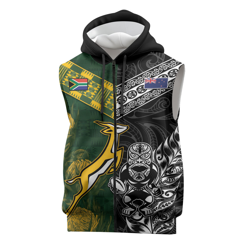 Rugby New Zealand South Africa Sleeveless Zip Hoodie Maori Tiki Springboks Together
