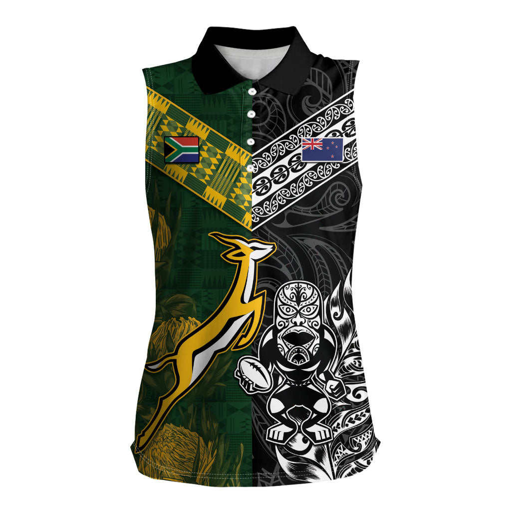 Rugby New Zealand South Africa Women Sleeveless Polo Shirt Maori Tiki Springboks Together