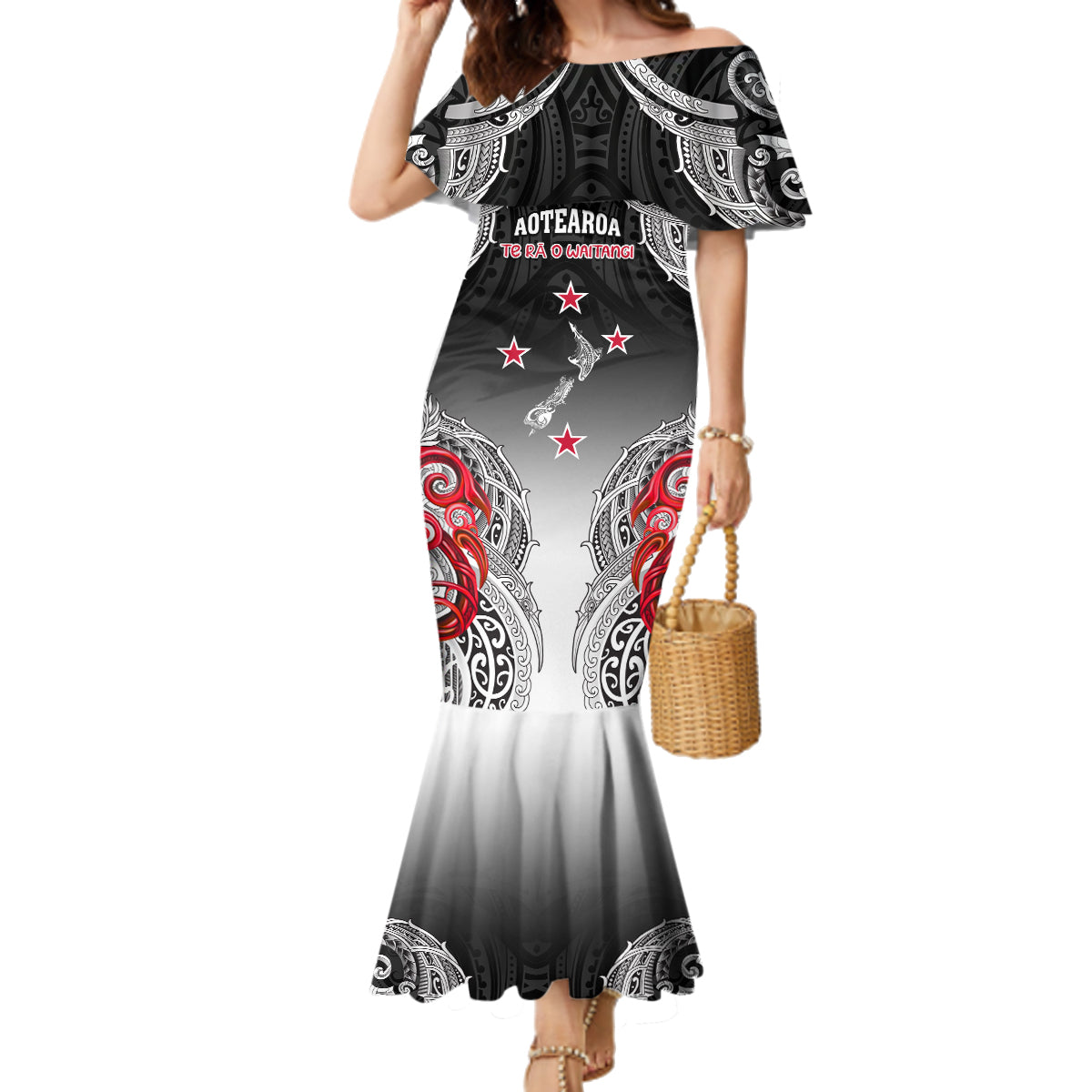 Personalised New Zealand Waitangi Day Family Matching Mermaid Dress and Hawaiian Shirt Aotearoa Te Ra O Waitangi Manaia Maori Pattern LT05 Mom's Dress Black - Polynesian Pride