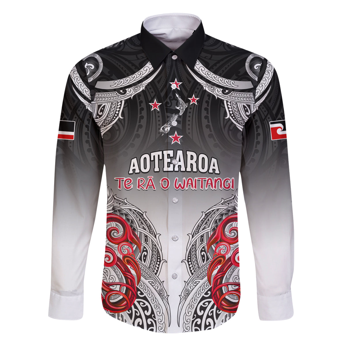Personalised New Zealand Waitangi Day Family Matching Off Shoulder Short Dress and Hawaiian Shirt Aotearoa Te Ra O Waitangi Manaia Maori Pattern LT05 Dad's Shirt - Long Sleeve Black - Polynesian Pride