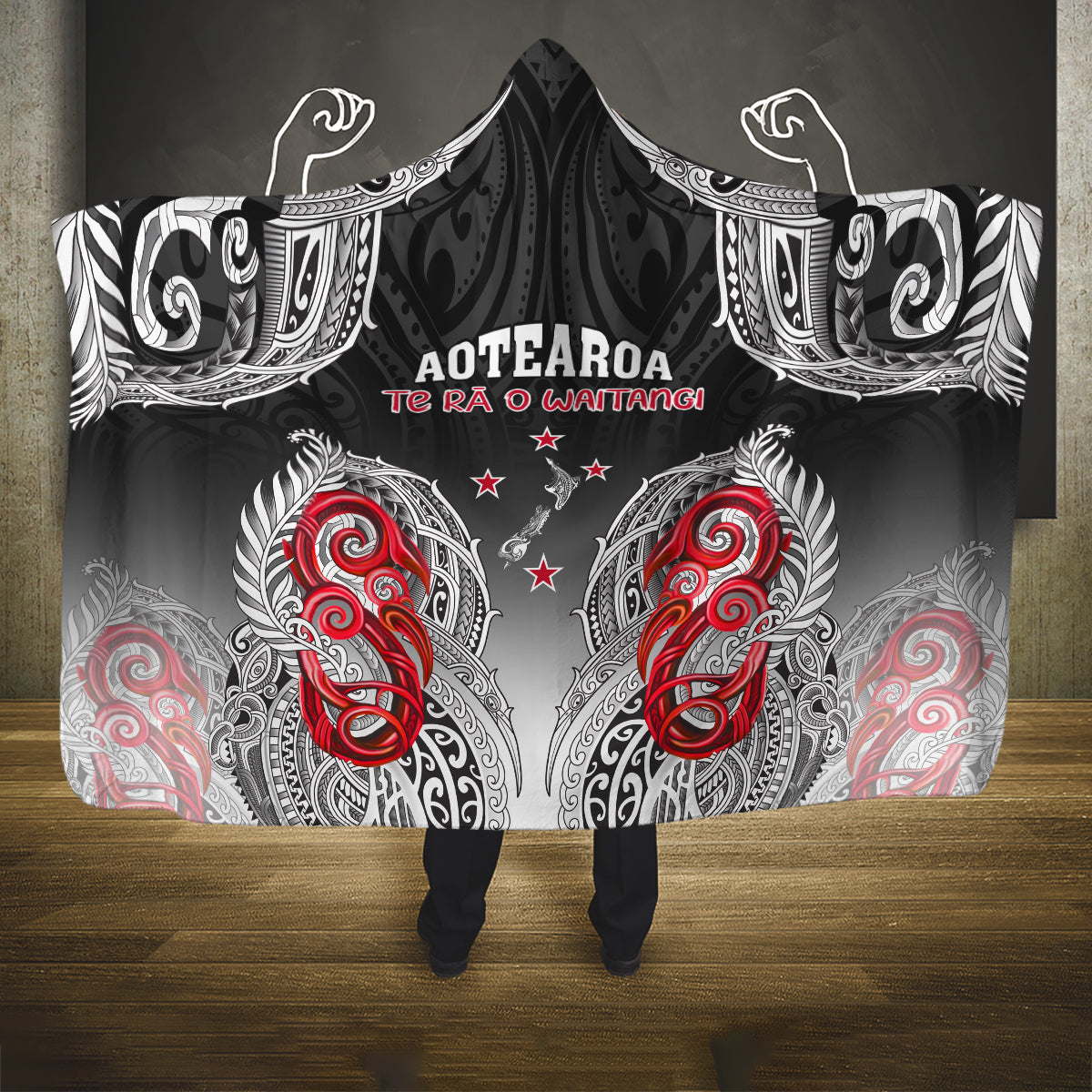 New Zealand Waitangi Day Hooded Blanket Aotearoa Te Ra O Waitangi Manaia Maori Pattern LT05 One Size Black - Polynesian Pride