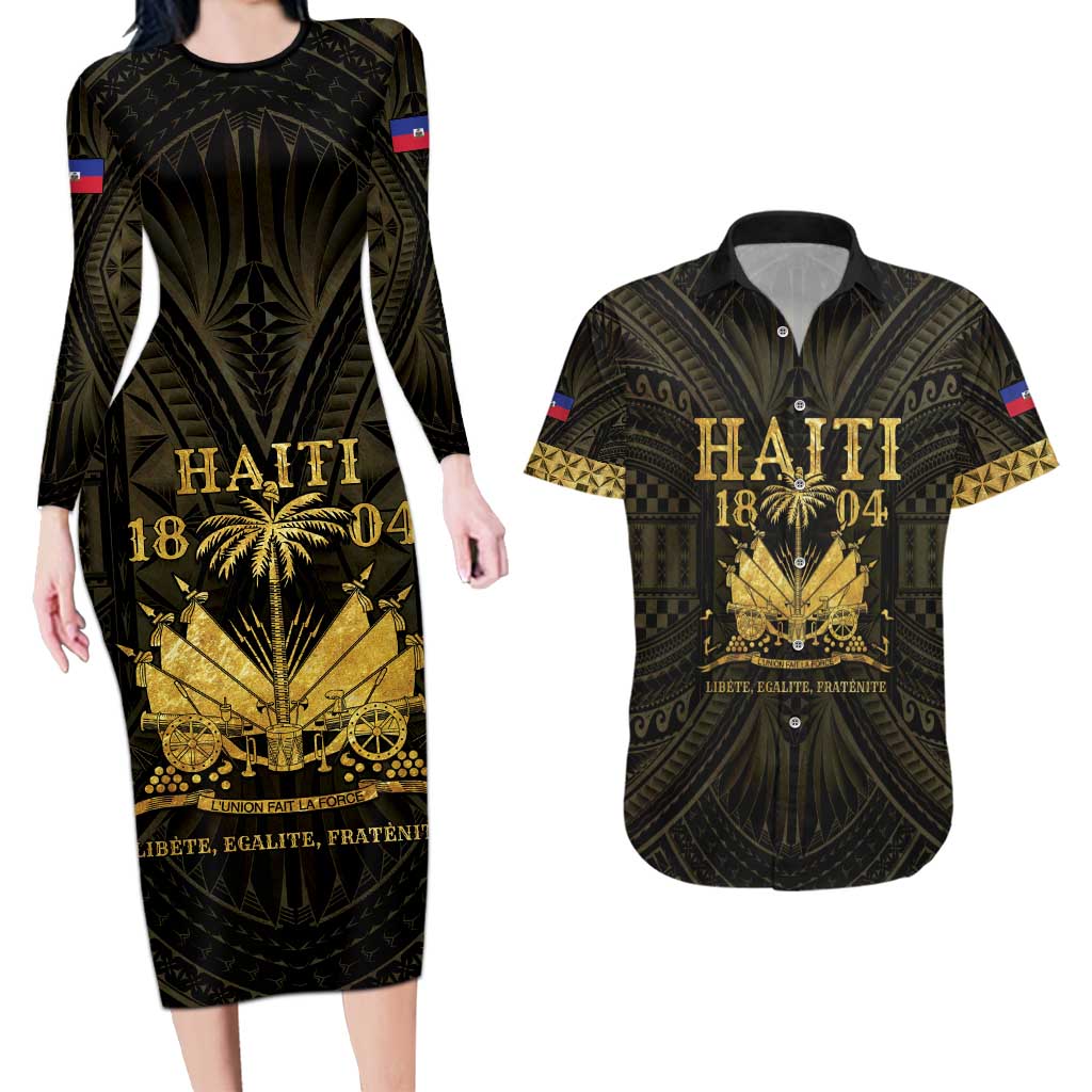 Haiti 1804 Couples Matching Long Sleeve Bodycon Dress and Hawaiian Shirt Polynesian Gold Neg Maron